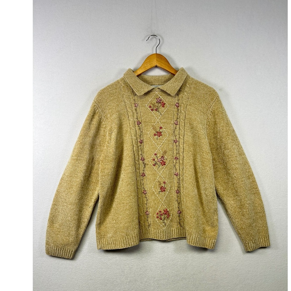 Alfred Dunner Chenille Sweater Womens L Tan Floral Embroidered‎ Collar